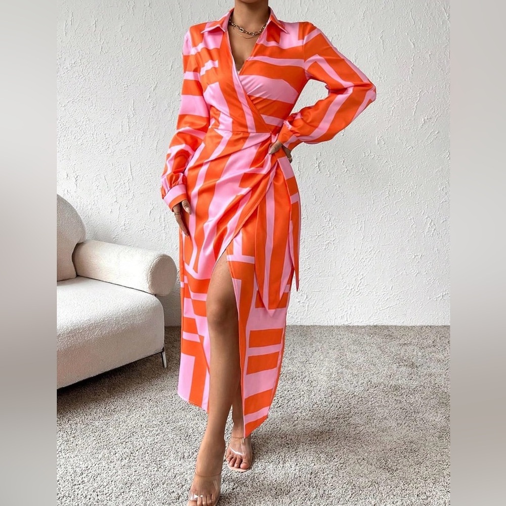 Tie-Waist Long Sleeve Wrap Dress in Pink & Orange Stripe